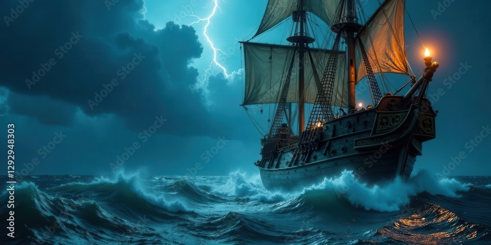 Obraz premium A Majestic Sailing Vessel Braving a Treacherous Tempestuous Ocean Under a Dramatic Nightscape