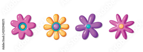 Y2k style 3D floral elements with glossy flower petals in pink, purple and yellow colors. Bright rounded shapes on white background for retro aesthetic design. Cute abstract cartoon plastic blooms.