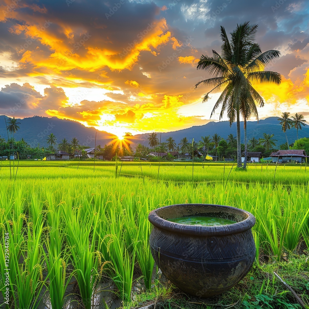 A serene sunset over lush rice fields, with a traditional pot in the foreground and palm trees framing the vibrant sky. A serene sunset over lush rice fields, with a traditional pot in the foreground and palm trees framing the vibrant sky.
