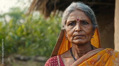 Elderly Indian woman village portrait, rural background, poverty awareness