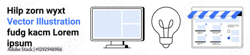 Computer monitor displaying data, light bulb representing ideas, and online store interface illustration. Ideal for technology, innovation, e-commerce, web development, business solutions, modern