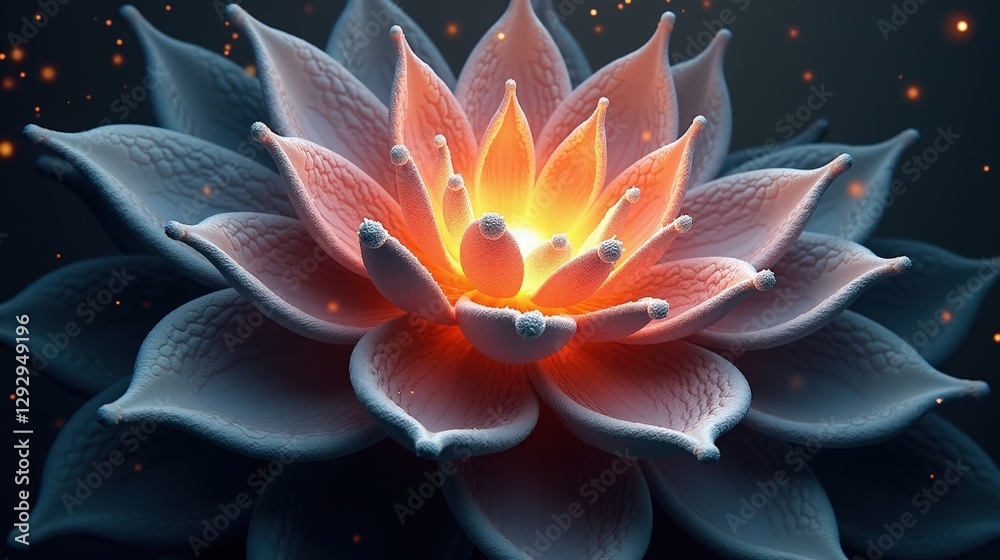 Fototapeta premium A surreal deep-space anomaly resembling a fractal lotus, swirling petals of glowing nebular dust expanding outward, an abstract cosmic masterpiece in Magical Realism.
