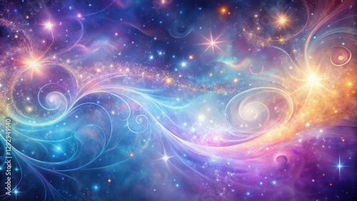 Cosmic swirls in soft pastel hues against a nebula backdrop with twinkling stars and delicate galaxy tendrils , pink