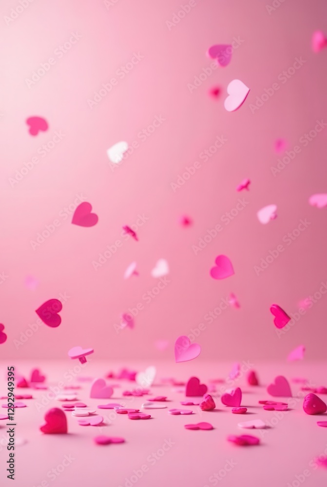 Pink Heart-Shaped Confetti Falling on a Soft Pink Background, Creating a Romantic and Festive Atmosphere Pink Heart-Shaped Confetti Falling on a Soft Pink Background, Creating a Romantic and Festive Atmosphere