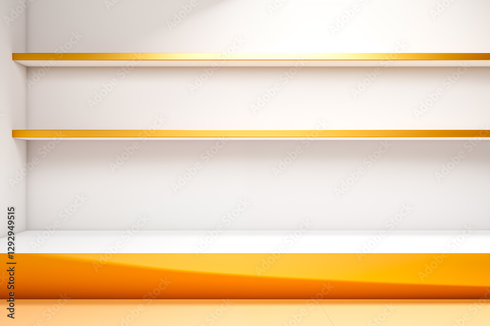 Minimalist interior with orange accents and empty shelves for display or storage. Minimalist interior with orange accents and empty shelves for display or storage.