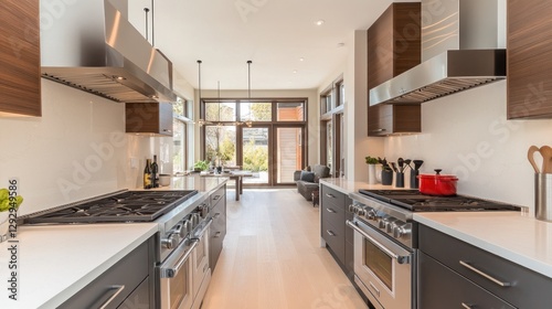 Modern kitchen, double ovens, garden view, open-plan design, home staging