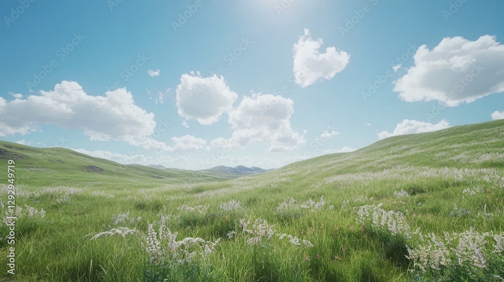 Sunny meadow, rolling hills, wildflowers, blue sky, peaceful landscape, nature background, idyllic scene Sunny meadow, rolling hills, wildflowers, blue sky, peaceful landscape, nature background, idyllic scene