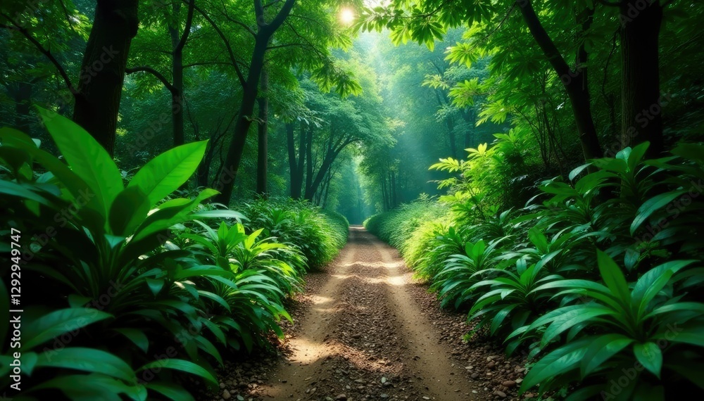 Fototapeta premium Dense jungle foliage surrounds a winding dirt path, trail, nature