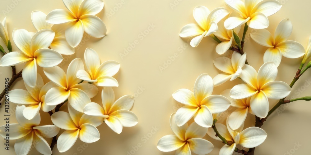 Obraz premium Delicate white blossoms with yellow centers arranged symmetrically on a pale yellow background, creating a serene and elegant floral composition.