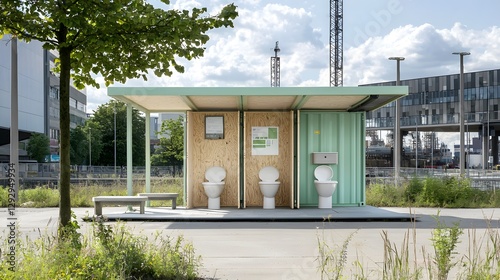 A public restroom facility made from repurposed shipping containers in an industrial or commercial park setting featuring a sustainable and modular design