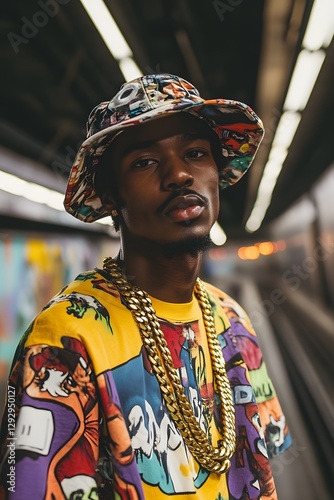 Confident Young Man in Vibrant 80's Hip-Hop Fashion Posing at Subway Station with Graffiti Art