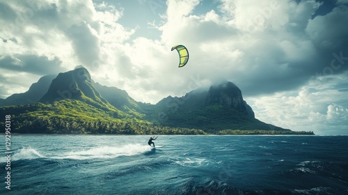 Kitesurfer rides tropical ocean waves, mountains backdrop, sunny day, adventure travel