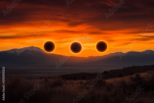 A time-lapse sequence of a solar eclipse, showing the phases from the first contact to totality against a vivid sky