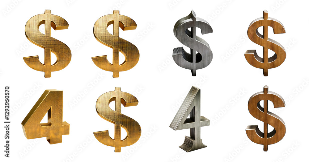 Metallic Dollar Signs with Numbers Four in Various Styles and Colors, isolated on transparent background Metallic Dollar Signs with Numbers Four in Various Styles and Colors, isolated on transparent background