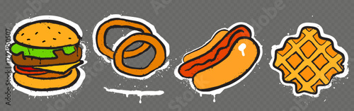 Graffiti style fast food set with burger, onion rings, hot dog and waffle. Cartoon street art elements with white outline and spray paint texture for menu design, urban cafe branding or gaming assets.