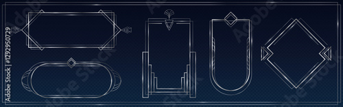 Great Gatsby art deco style frame set with silver outlines. Elegant geometric borders of different ornamental shapes. Luxury vintage metallic elements for wedding invitations or premium packaging.