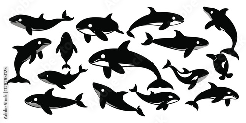 Wallpaper Mural Dynamic orca silhouette, black orca vector shapes isolated on white, depicting marine life in action, perfect orca set Torontodigital.ca