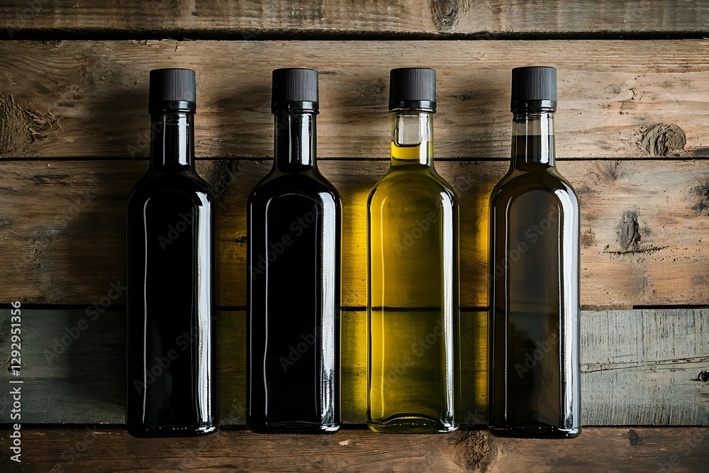 Naklejka premium Variety of Cooking Oils in Glass Bottles on Wooden Background