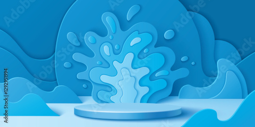 Abstract 3d blue paper cut splash background with round platform or pedestal. Artistic modern design with layered fluid shapes and dynamic wavy forms for product display, advertising or decoration.