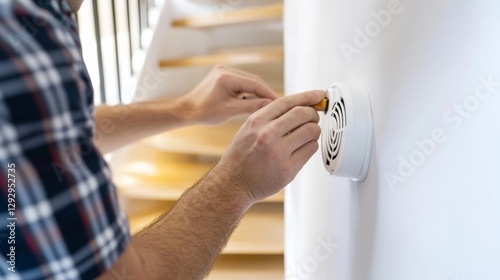 A person replacing a carbon monoxide detector in the hallway. Featuring safety and care