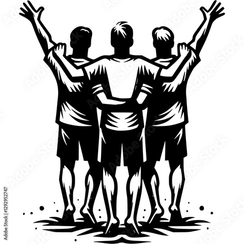 Tattoo emblem of beach soccer team waving to fans in stands after winning tournament in monochrome. Engraving minimalistic vector in black ink drawing on transparent background