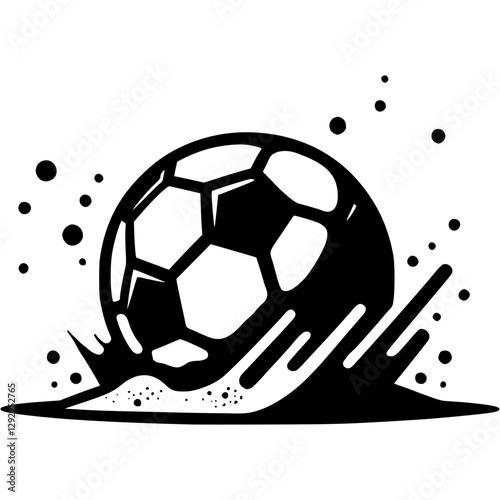 Tattoo emblem of soccer ball crashed into sand with force, raising dust and small particles in monochrome. Engraving minimalistic vector in black ink drawing on transparent background