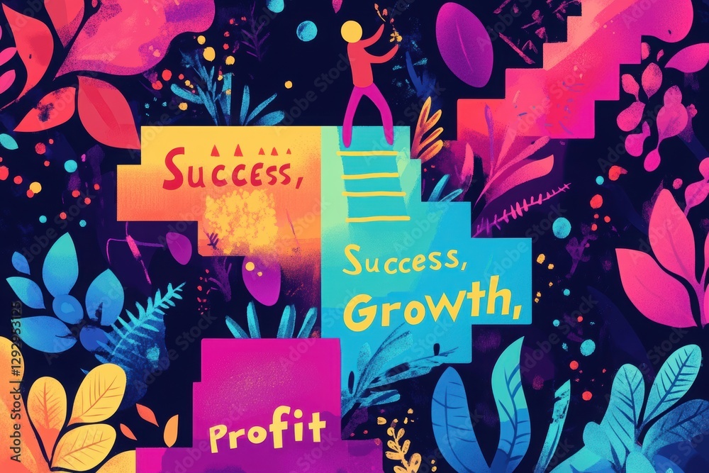 Obraz premium The Ladder of Success: An illustration showing a person climbing a ladder toward success, growth, and profit