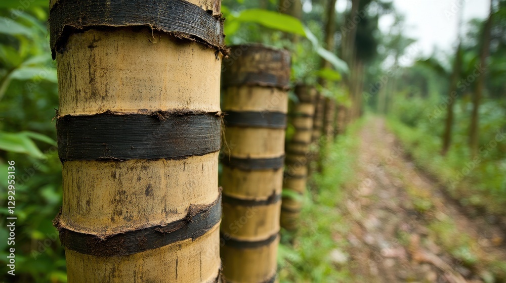 Bamboo Stalks in a Lush Green Forest Pathway with Soft Focus Bamboo Stalks in a Lush Green Forest Pathway with Soft Focus