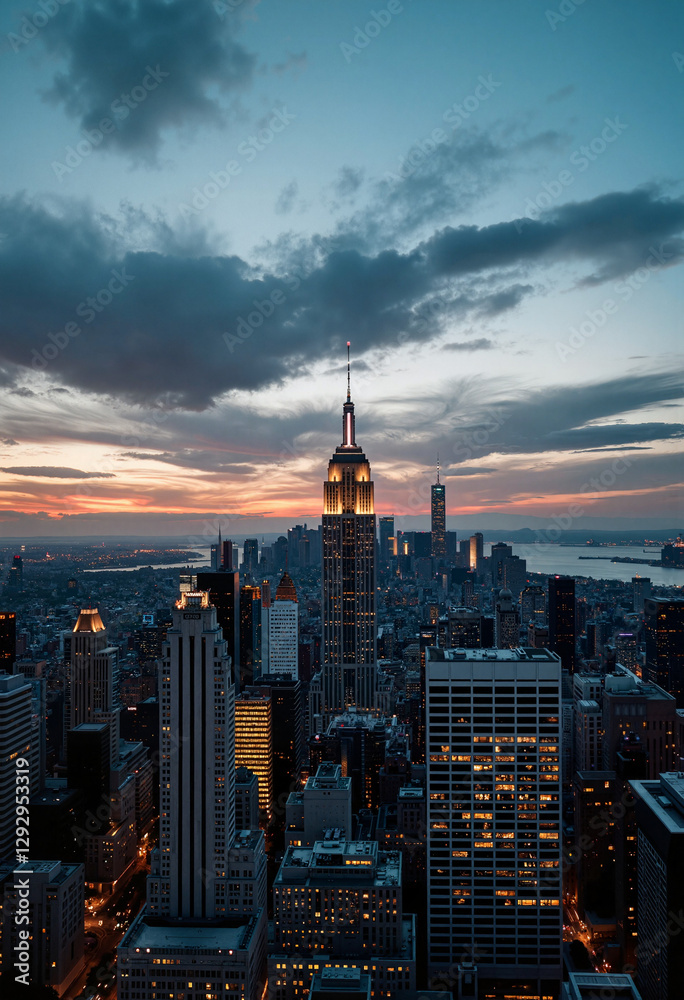 Naklejka premium Breathtaking cityscape at dusk with illuminated skyscrapers, urban beauty