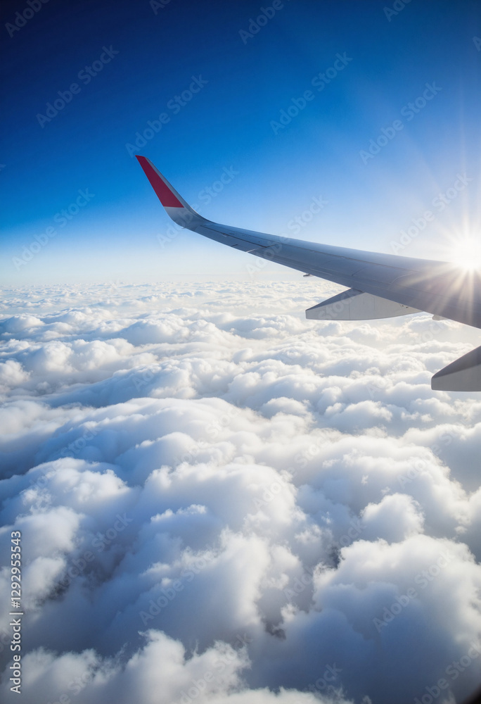 Fototapeta premium Aerial view of airplane wing soaring above sunny cloudscape, freedom