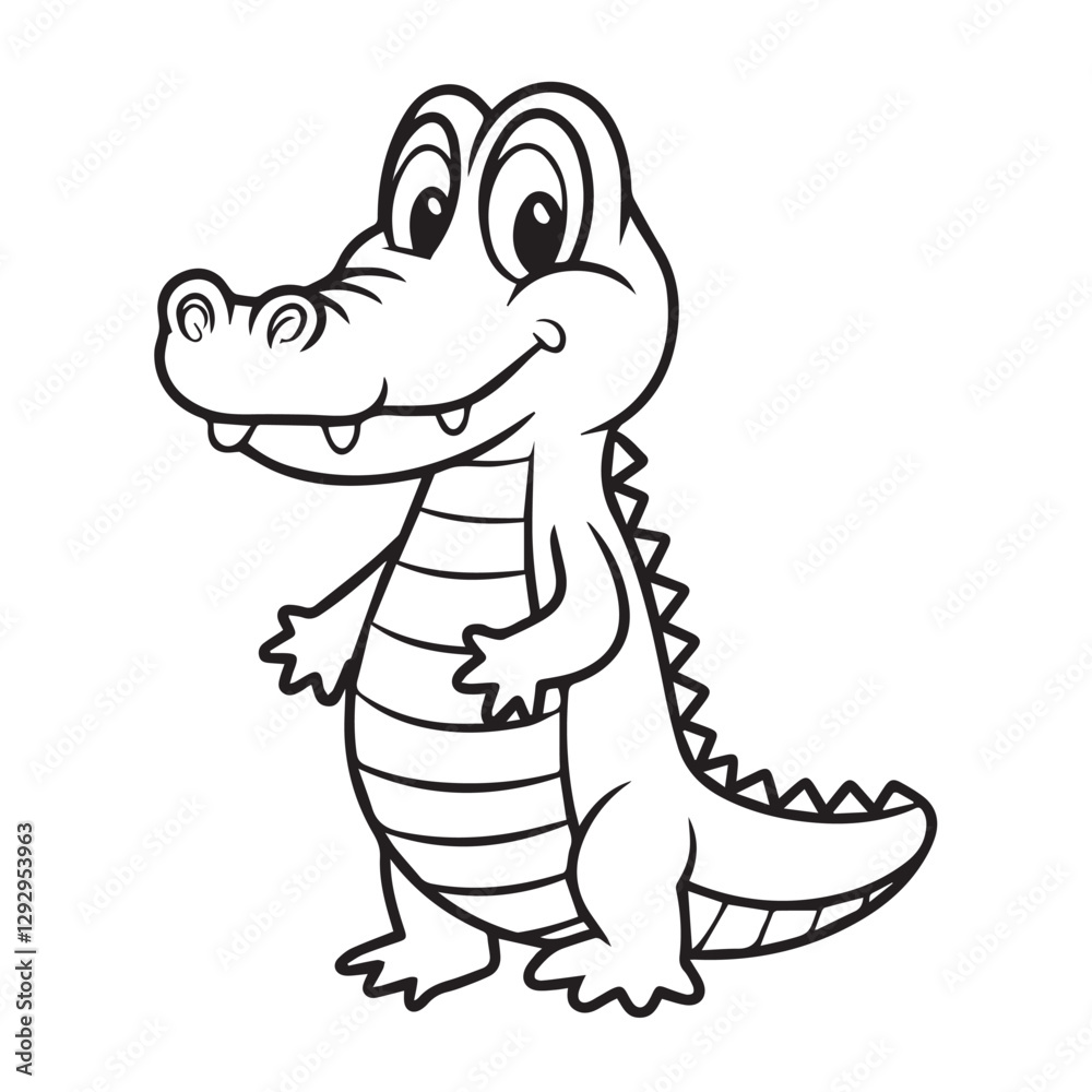 Fototapeta premium A black line art illustration of a cute cartoon crocodile standing upright on a pure white background