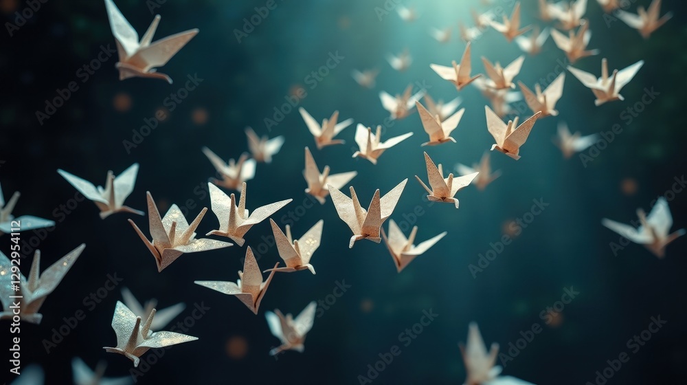 Obraz premium A surreal dance of weightless paper cranes, each one shimmering with metallic iridescence, gently drifting in an infinite expanse of darkness.