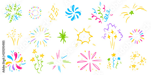 Crayon and scribble firework set of festive elements - doodle bright bursts, sparkling stars, swirls and glowing flashes. Hand drawn celebration designs for greeting cards, party and event background.