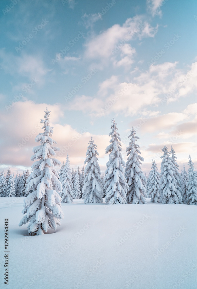 Obraz premium Snow-covered pine trees under vibrant clouds, wintry serenity