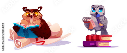 Wise owl characters set isolated on white background. Vector cartoon illustration of smart bird in academic hat reading book, writing in notebook with pencil, school education mascot, knowledge symbol