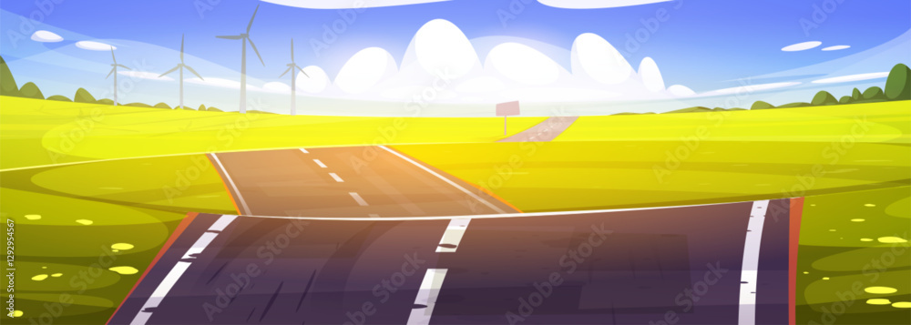 Fototapeta premium Road cutting through green fields with wind turbines on horizon - rural highway under summer sky. Scenic countryside transportation landscape with asphalt pathway for adventure travel backgrounds.