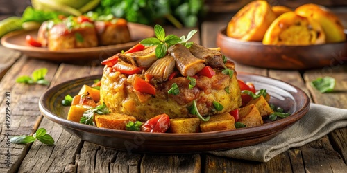 Mofongo filled with tender pork and vegetables in a rich savory sauce surrounded by crispy plantains, texture, traditional puertorican dish photo