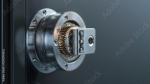 Closeup macro view of a cylindrical deadbolt locking mechanism revealing the intricate interior gears cogs and smooth metallic texture of this high precision security hardware component