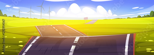 Road cutting through green fields with wind turbines on horizon - rural highway under summer sky. Scenic countryside transportation landscape with asphalt pathway for adventure travel backgrounds.