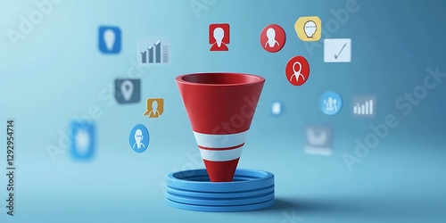 Convert customers into sales. Lead generation concept. Marketing funnel conversion rate, adverting, campaign, market analysis, audience outreach. 3D marketing funnel attracting.