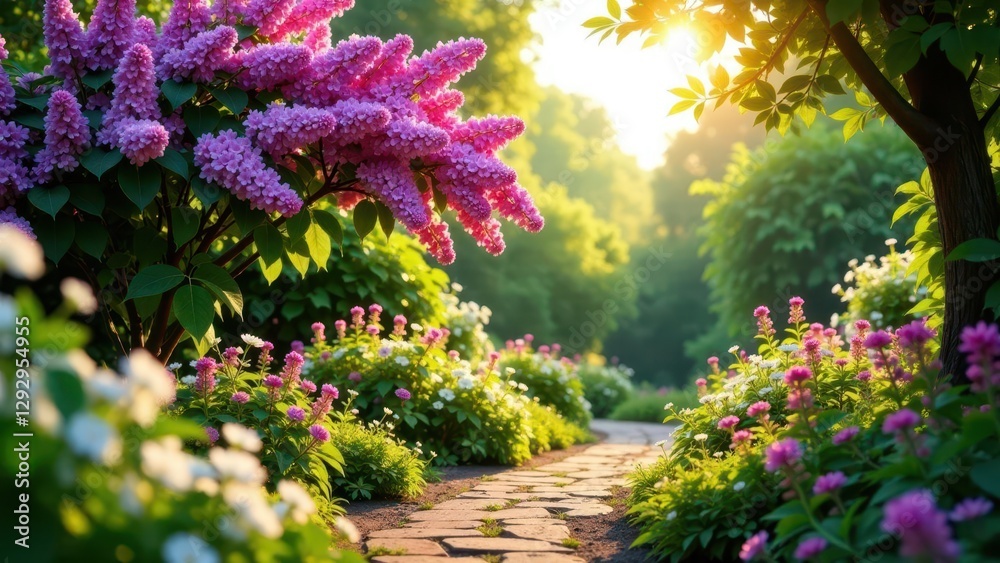 Serene Garden Path with Blooming Lilacs and Assorted Flowers at Sunset Serene Garden Path with Blooming Lilacs and Assorted Flowers at Sunset