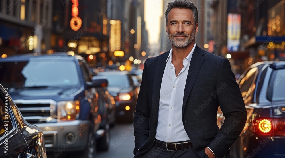 Fototapeta premium distinguished man with silver hair and a well-groomed beard confidently stands on a bustling city street