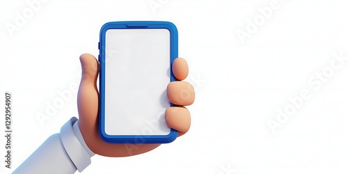 Businessman character hand holding a phone with white screen. Cartoon hand holding smartphone isolated on white background.