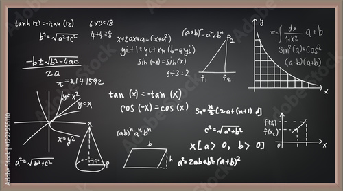 Vector illustration of chalkboard and math formulas on chalkboard. Numbers. Calculation. Teaching math on chalkboard. Chalkboard.
