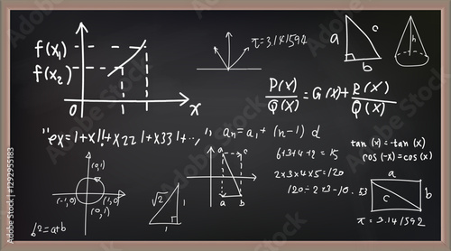 Vector illustration of chalkboard and math formulas on chalkboard. Numbers. Calculation. Teaching math on chalkboard. Chalkboard.