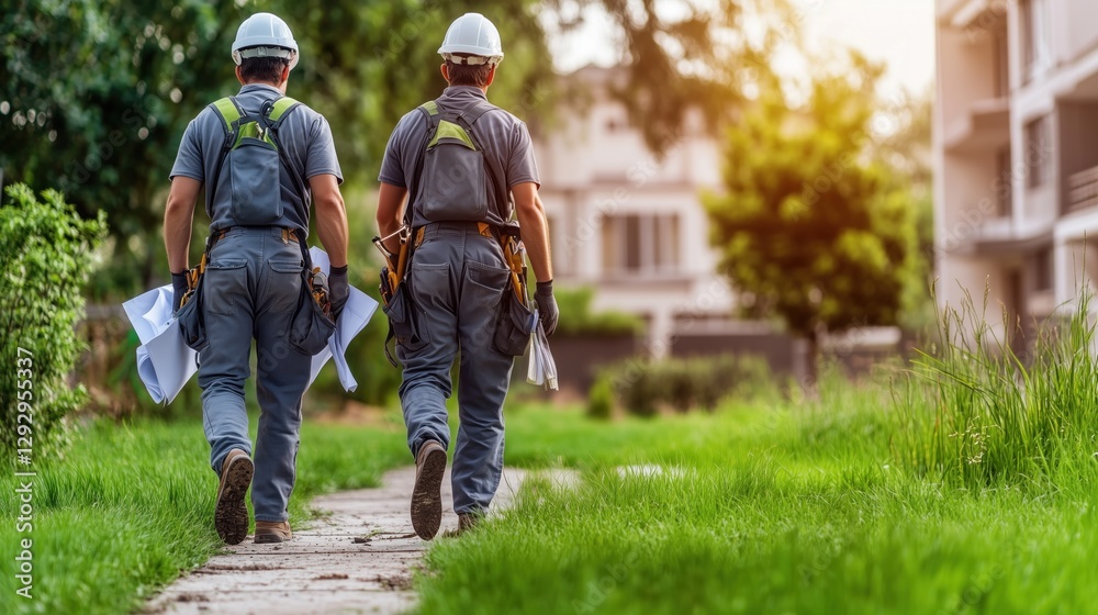 Obraz premium Two construction workers wearing helmets walk along a grassy path carrying blueprints. They are headed toward a multi-story building under construction in a suburban area during late afternoon