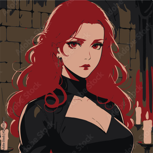 redhead girl in a black dress, Anime Style Illustrations Her background shows a stone wall with her surroundings lit by candles She seems to beina a grand hall Varvara’s visage is both striking