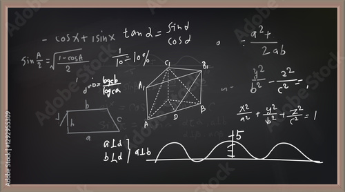 Vector illustration of chalkboard and math formulas on chalkboard. Numbers. Calculation. Teaching math on chalkboard. Chalkboard.