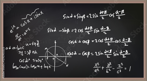 Vector illustration of chalkboard and math formulas on chalkboard. Numbers. Calculation. Teaching math on chalkboard. Chalkboard.