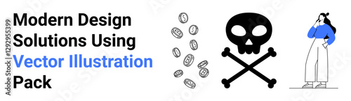 Coins, skull with crossbones, and thoughtful woman pose three contrasting ideas. Ideal for finance, danger, strategy, innovation, problem-solving, decision-making modern business flat landing page